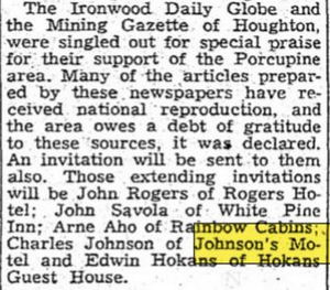 Superior Shores Resort (Johnsons Motel & Resort) - Jan 1958 Article (newer photo)